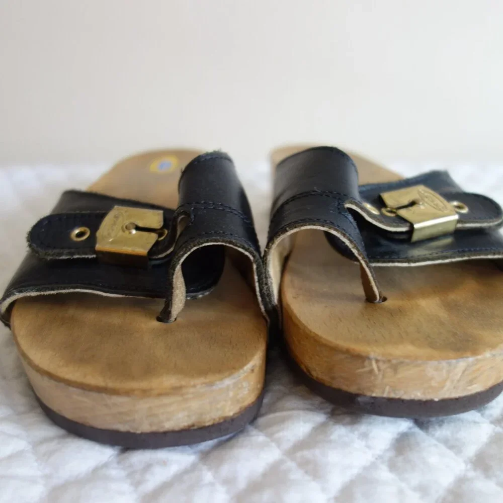 Vtg DR SCHOLLS Original Made in Italy Wood Sandals w/ toe loop – Sz 7? - Picture 3 of 7